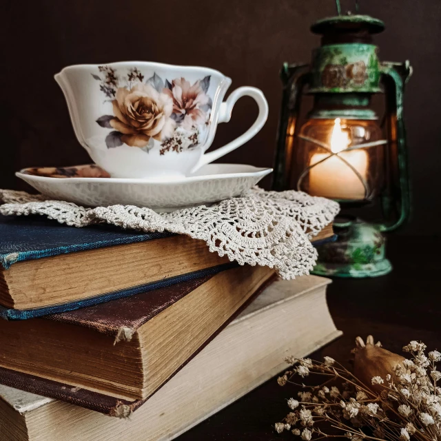 a tea cup sitting on top of a stack of books, a still life, pexels contest winner, floral lacework, lantern light besides, gif, old timey