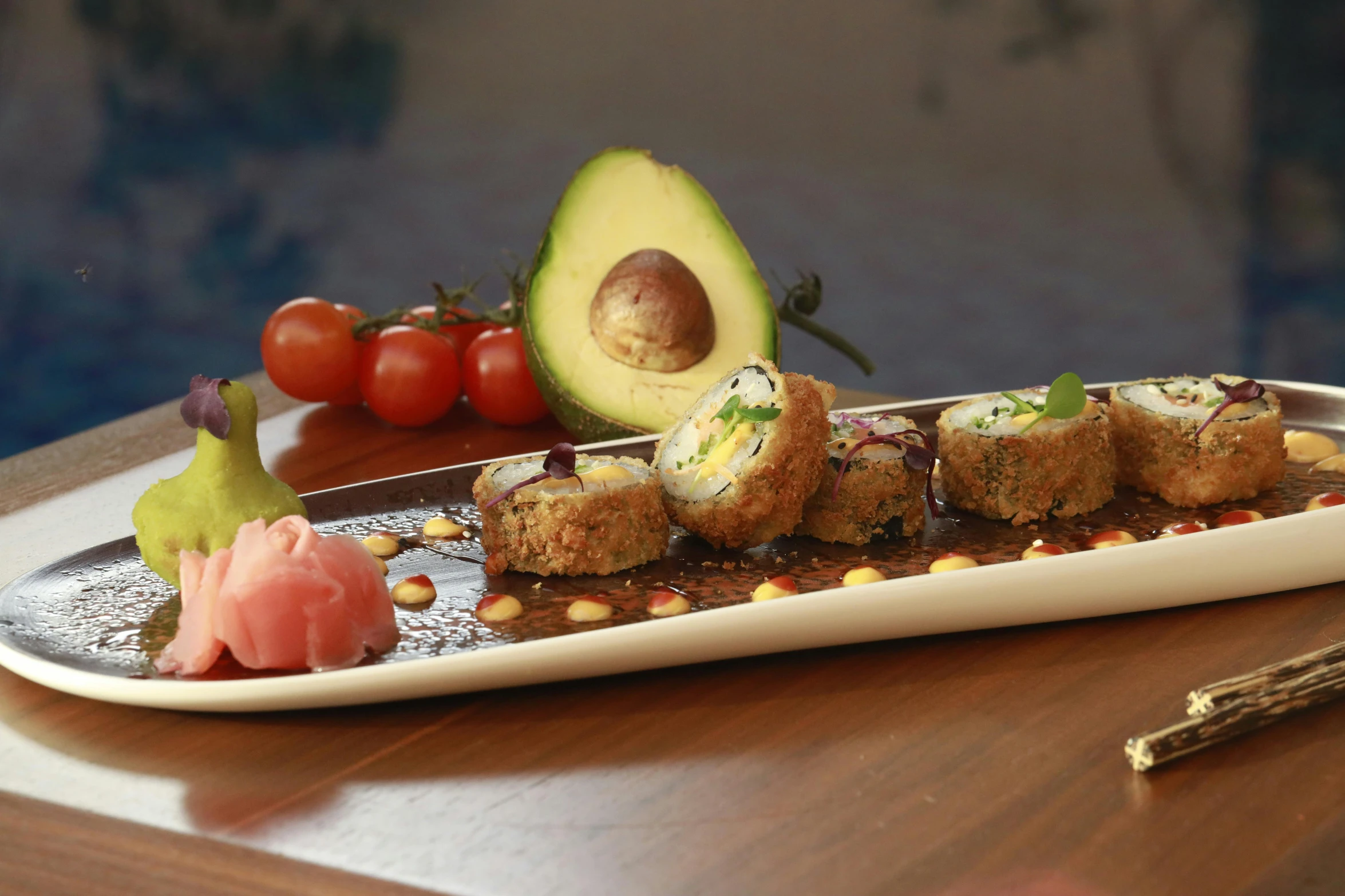 a close up of a plate of food on a table, fuji choko, avacado dream, stuffed, serving suggestion