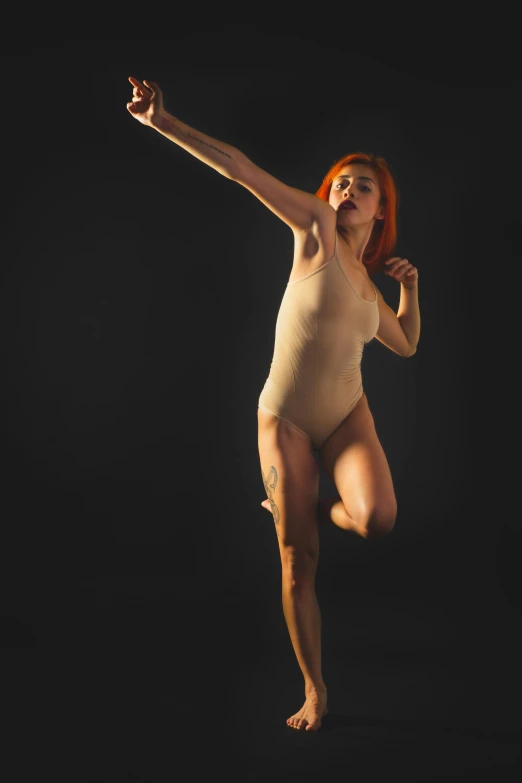 a woman in a bodysuit jumping in the air, a portrait, inspired by Elizabeth Polunin, unsplash, leeloo outfit, low quality photo, museum quality photo, 15081959 21121991 01012000 4k