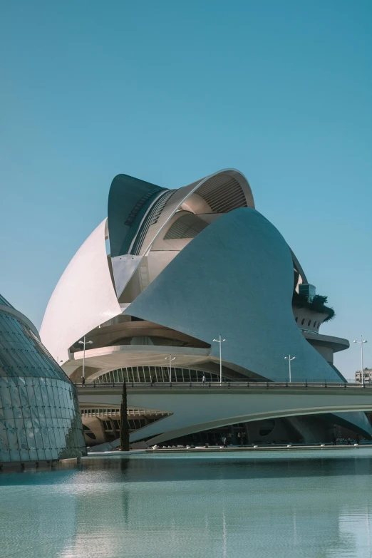 a large building next to a body of water, inspired by Zaha Hadid, trending on unsplash, art nouveau, spain, domes, frank gehry, 1999 photograph