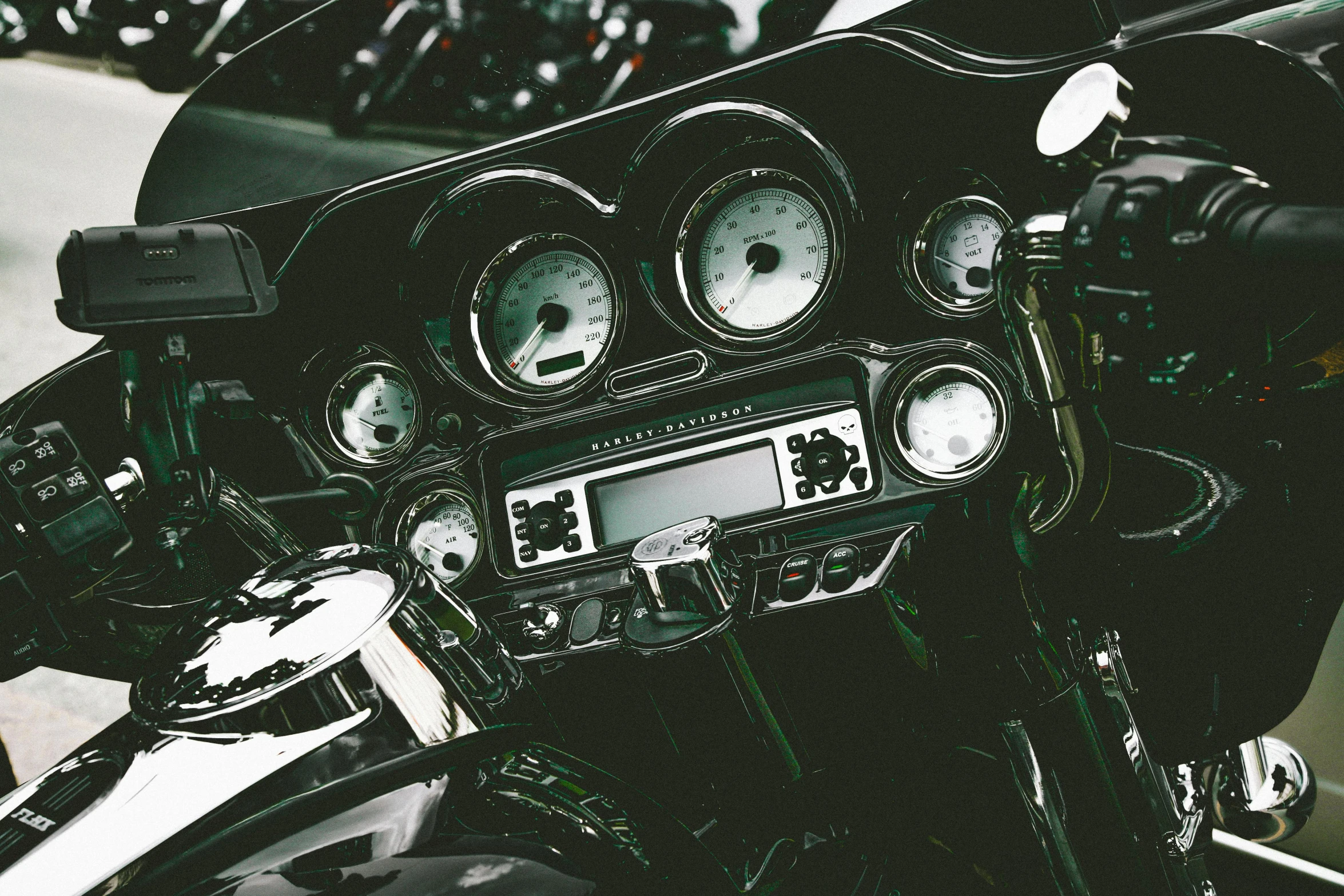 a close up of the dashboard of a motorcycle, a portrait, by David Donaldson, unsplash, desaturated, 🚿🗝📝, #green, radios