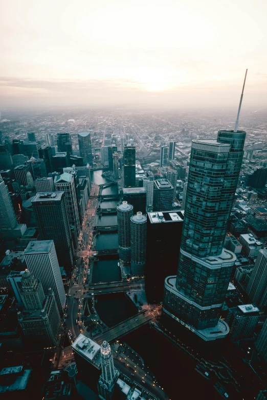 an aerial view of a city at dusk, pexels contest winner, chicago, tall structures, instagram post, high resolution photograph