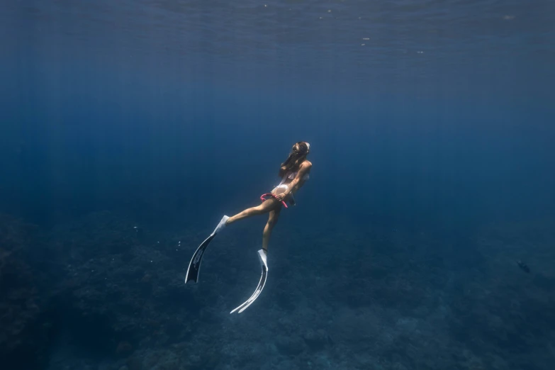 a woman in a bikini swimming in the ocean, by Jessie Algie, unsplash contest winner, happening, scuba diving, long flowing fins, nina agdal, navy