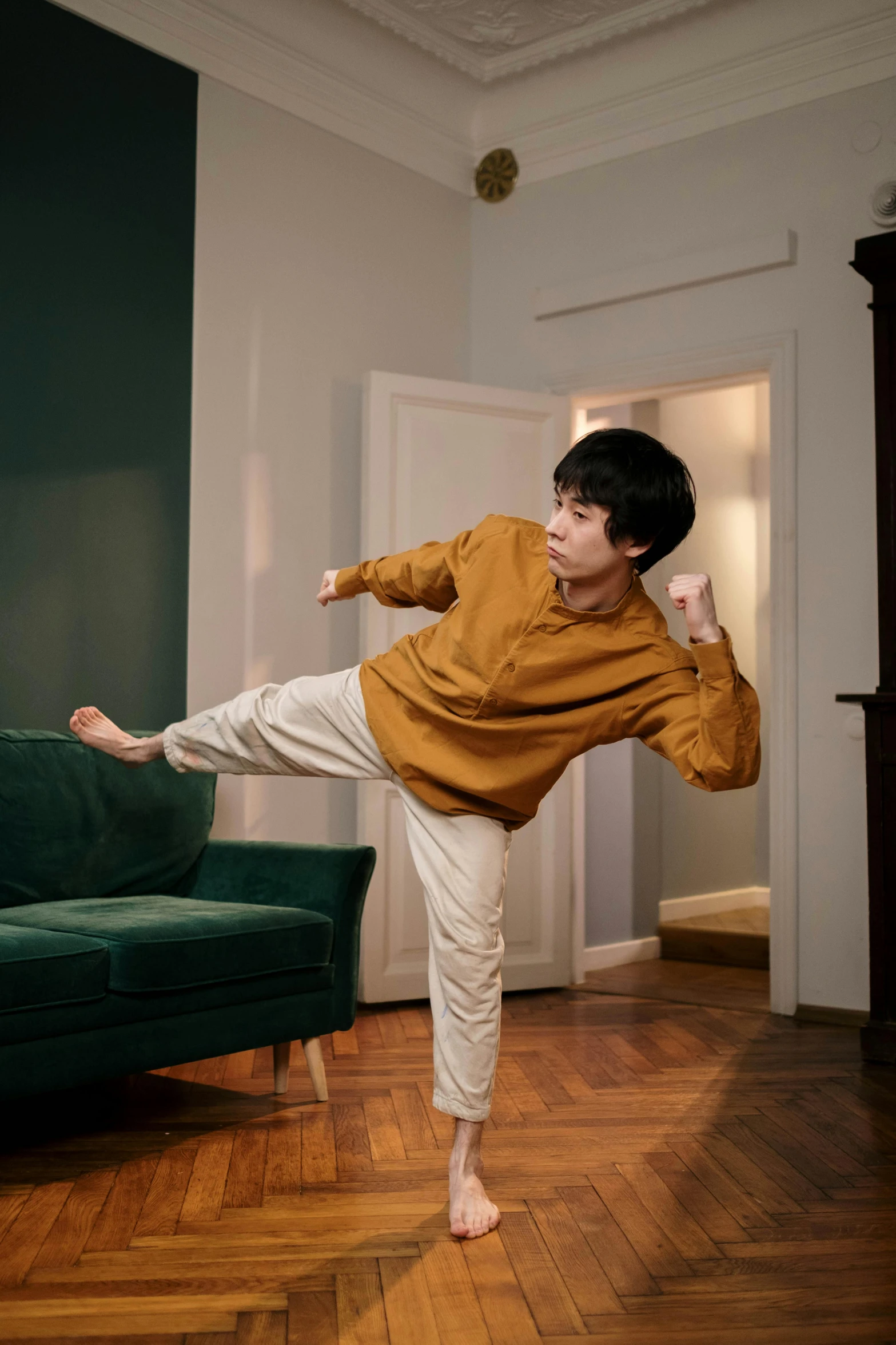 a man standing on one leg in a living room, an album cover, inspired by Fei Danxu, pexels contest winner, arabesque, karate pose, young boy, ( ( theatrical ) ), ignant