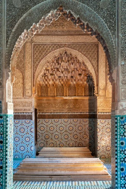 a close up of a doorway in a building, inspired by Alberto Morrocco, arabesque, inside the sepulchre, tiled fountains, sitting on an ornate throne, archways between stalagtites