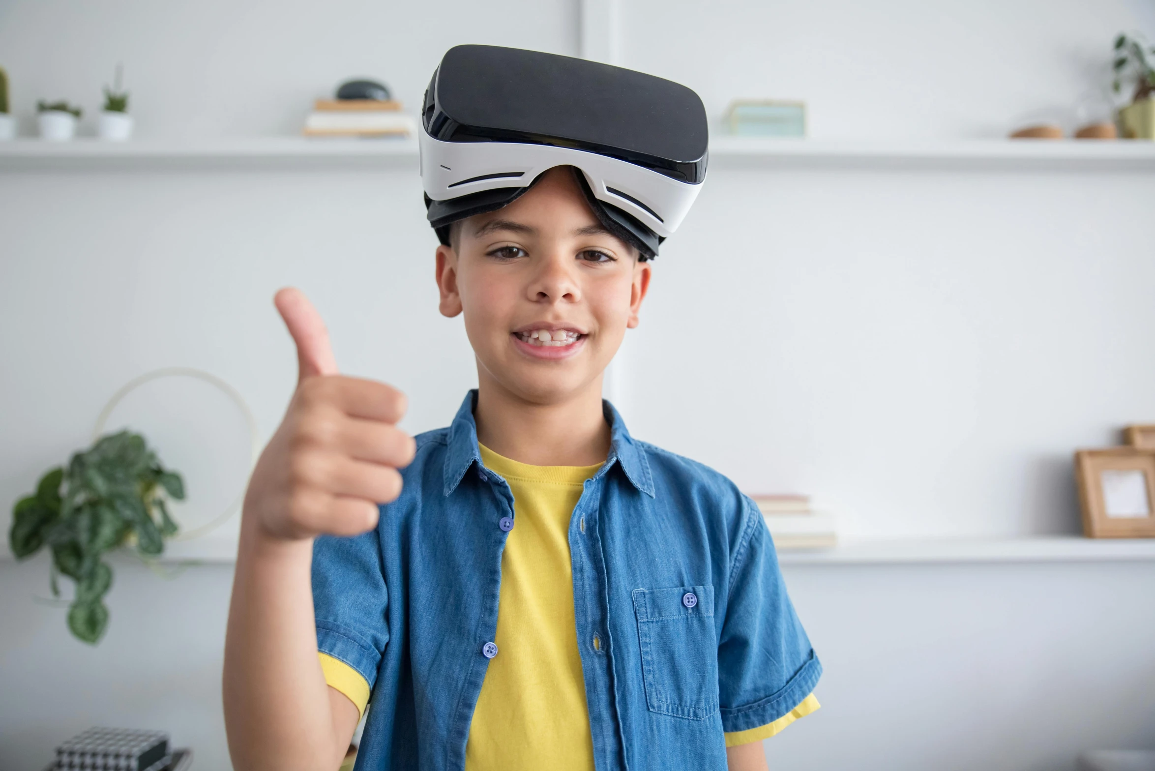 a boy wearing a virtual reality headset giving a thumbs up, school curriculum expert, ue5, thumbnail, high quality image