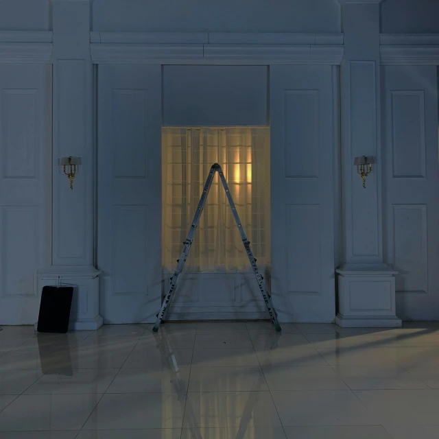 a ladder that is sitting in the middle of a room, hyperrealism, still from a movie, raking light, miss aniela, 'untitled 9 '