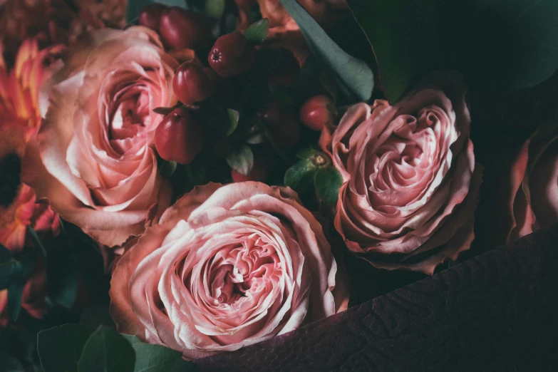 a bouquet of pink roses sitting on top of a table, by Emma Andijewska, pexels, soft dark muted colors, “berries, detail shot, full frame image