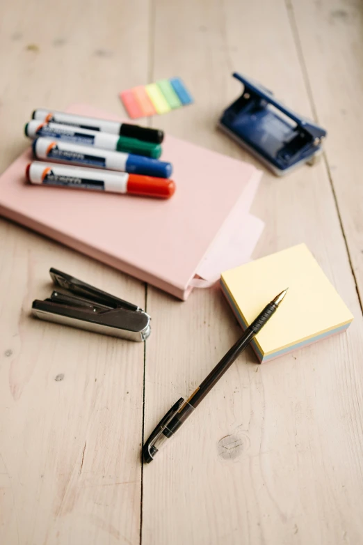 a pile of office supplies sitting on top of a wooden table, a picture, arbeitsrat für kunst, square, traditional medium, colored, thumbnail