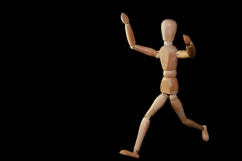 a wooden mannequin holding a tennis racquet, pixabay, figuration libre, dynamic active running pose, with arms up, with a black background, everyone having fun