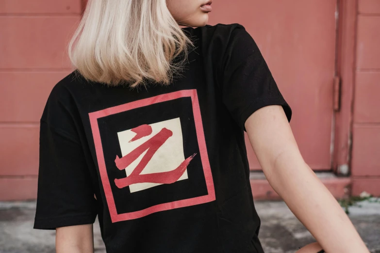 a woman in a black shirt holding a skateboard, a screenprint, inspired by Zhu Da, unsplash, square shapes, x logo, black and red silk clothing, indonesia