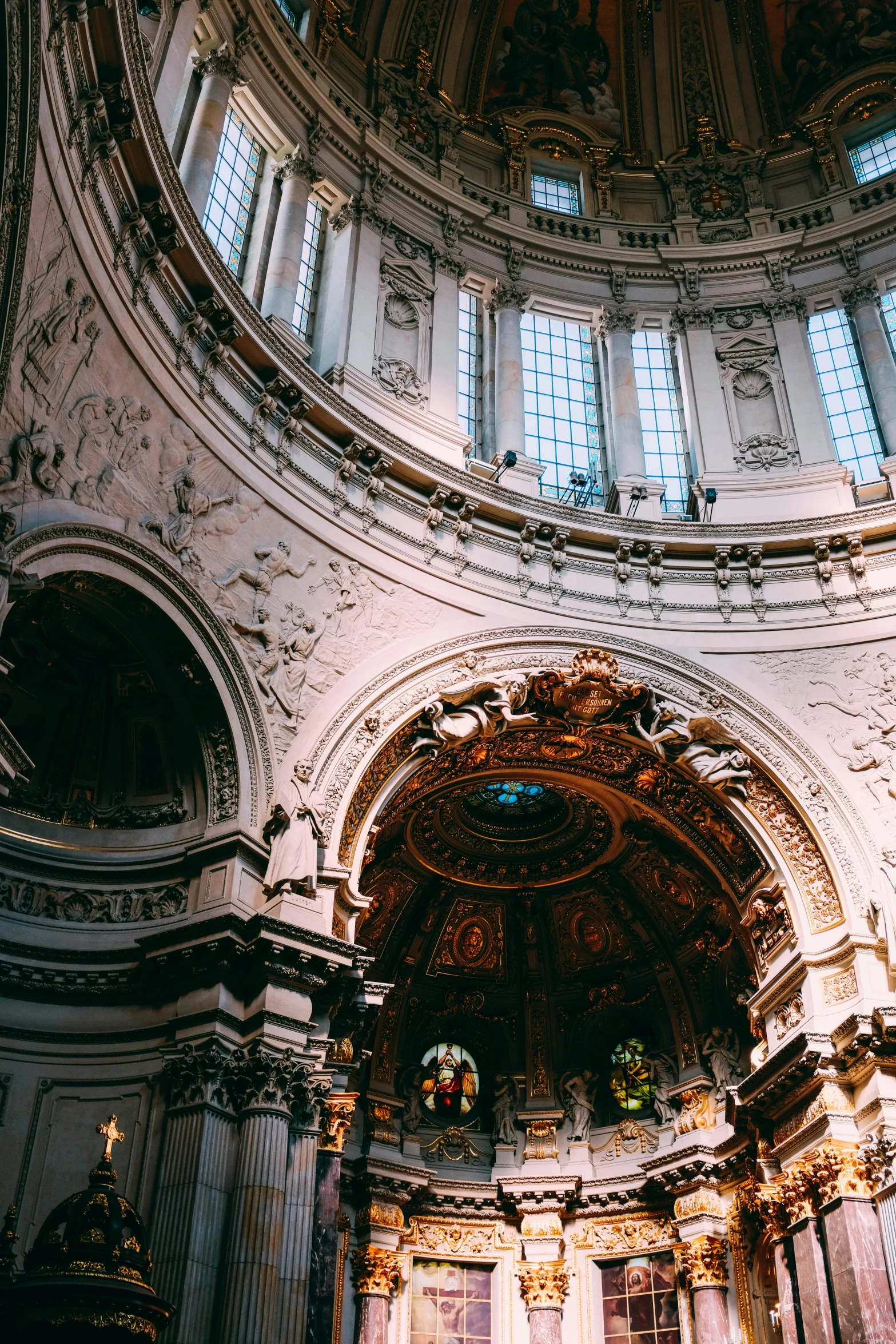 a view of the inside of a church, an album cover, unsplash contest winner, baroque, rounded architecture, berlin, low quality photo, tourist photo