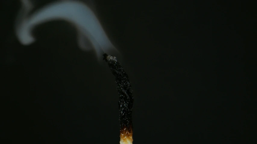 a close up of a matchstick with smoke coming out of it, by Attila Meszlenyi, unsplash, conceptual art, ignant, almost black, shows a leg, miniature product photo