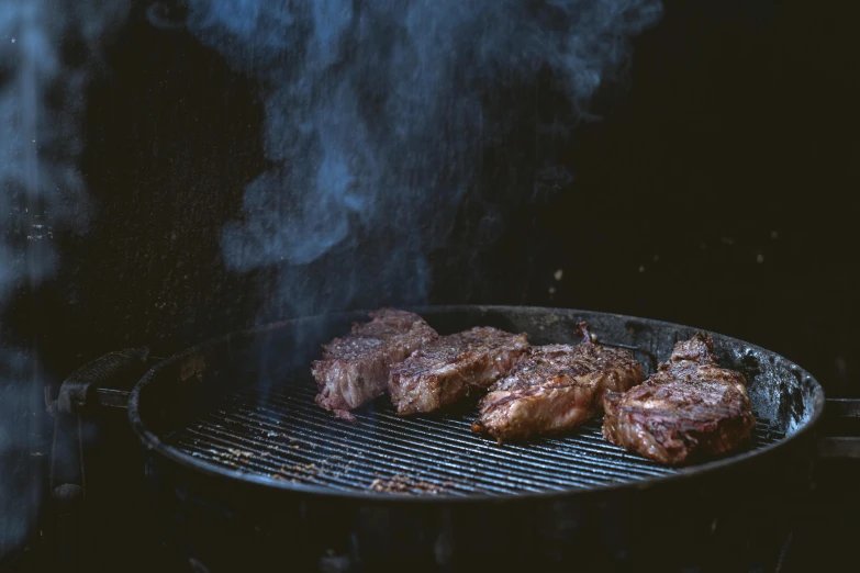 a close up of meat cooking on a grill, by Daniel Lieske, pexels contest winner, in front of dark smoke, 6 pack, melbourne, ilustration