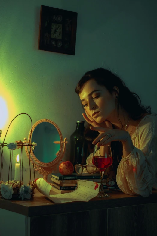 a woman sitting at a table in front of a lamp, a still life, inspired by Elsa Bleda, pexels contest winner, magical realism, tired haunted expression, looking into a mirror, low quality photo, drinking