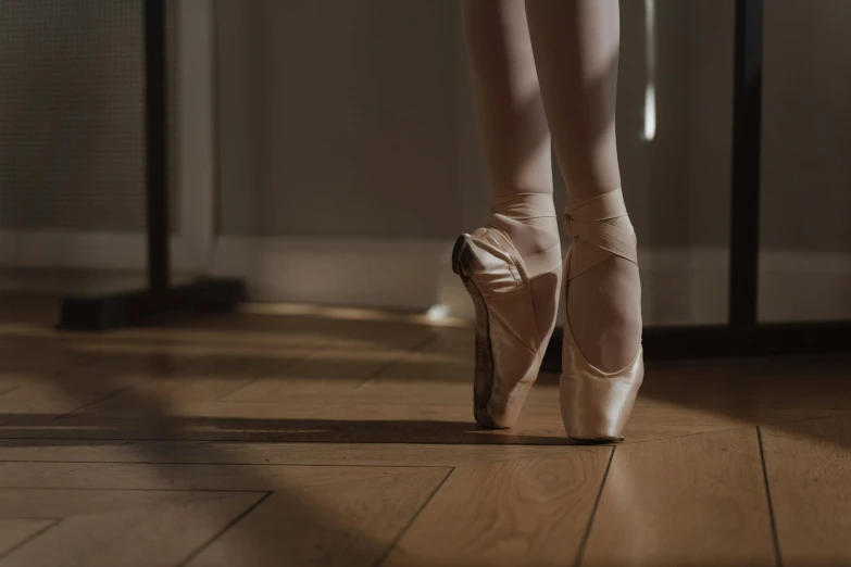 a close up of a person's legs in ballet shoes, trending on pexels, arabesque, standing in a dimly lit room, wooden floors, silver，ivory, standing