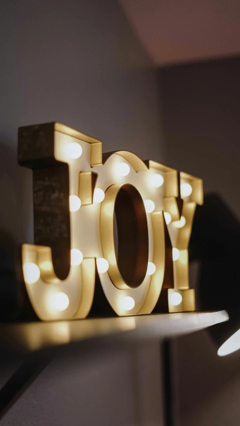 a lighted up word sitting on top of a shelf, a picture, inspired by Joy Garnett, unsplash, marquee, natural soft rim light, decorations, 15081959 21121991 01012000 4k