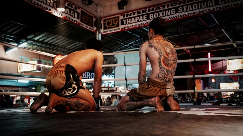 a couple of men standing next to each other in a boxing ring, a tattoo, pexels contest winner, thai temple, squatting, 🦩🪐🐞👩🏻🦳, injured