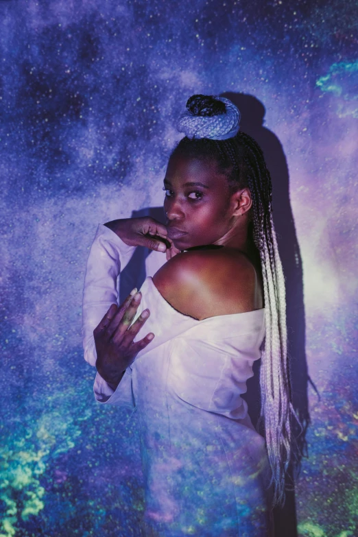 a woman in a white dress posing for a picture, an album cover, by Dulah Marie Evans, pexels contest winner, afrofuturism, girl silver ponytail hair, on a galaxy looking background, mid night, box braids