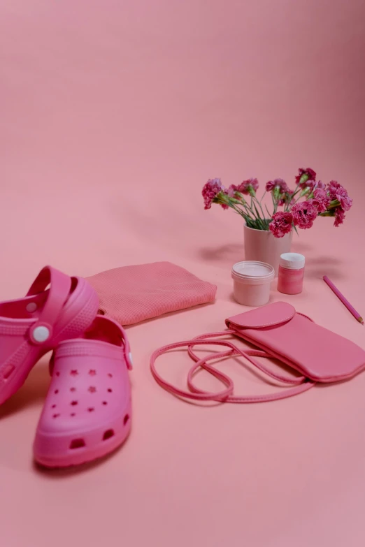 pink shoes and accessories laid out on a pink surface, inspired by Julius Klinger, plasticien, flower power, game ready, sterile colours, sun set