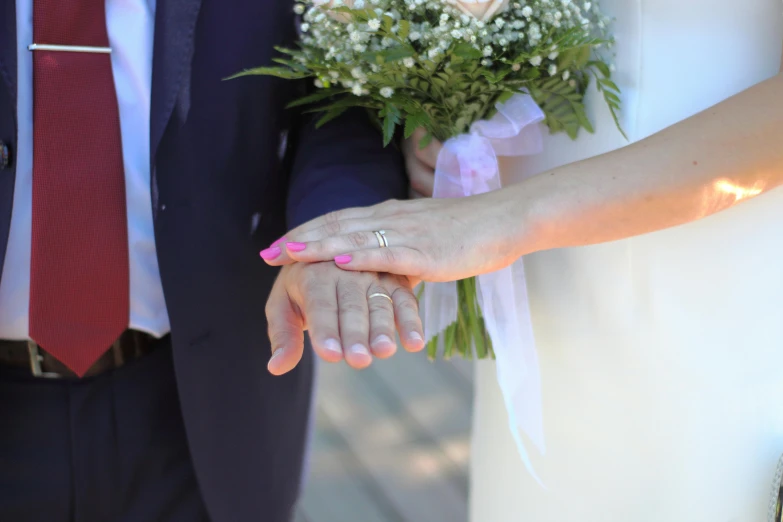 a close up of a bride and groom holding hands, a picture, 15081959 21121991 01012000 4k, thumbnail, hyperrealistic, coloured photo