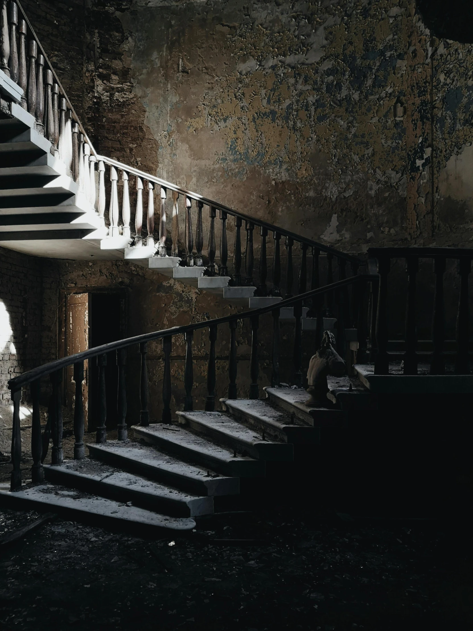 a couple of people walking up a set of stairs, inspired by Elsa Bleda, pexels contest winner, process art, dark ruins, in a old house. hyper realistic, an abandoned old, inside a grand