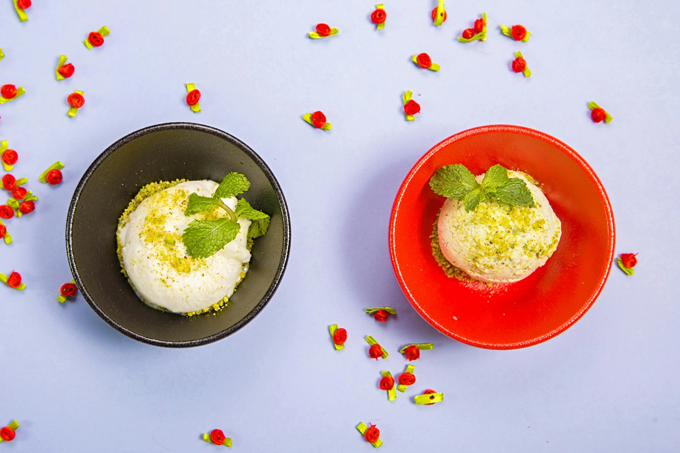 a couple of bowls of food sitting on top of a table, ice cream on the side, profile image, background image, product shot