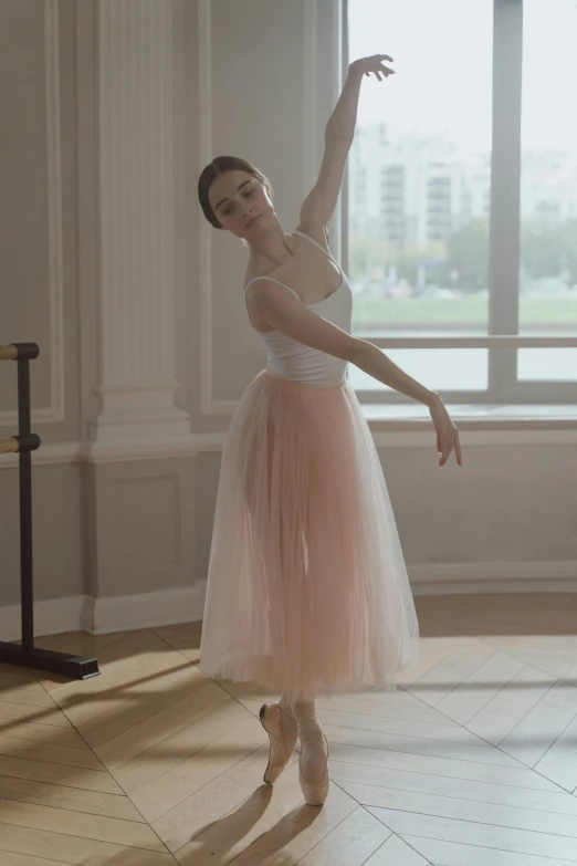 a woman that is standing in front of a window, by Elizabeth Polunin, arabesque, wearing a pink romantic tutu, **cinematic, square, 8l