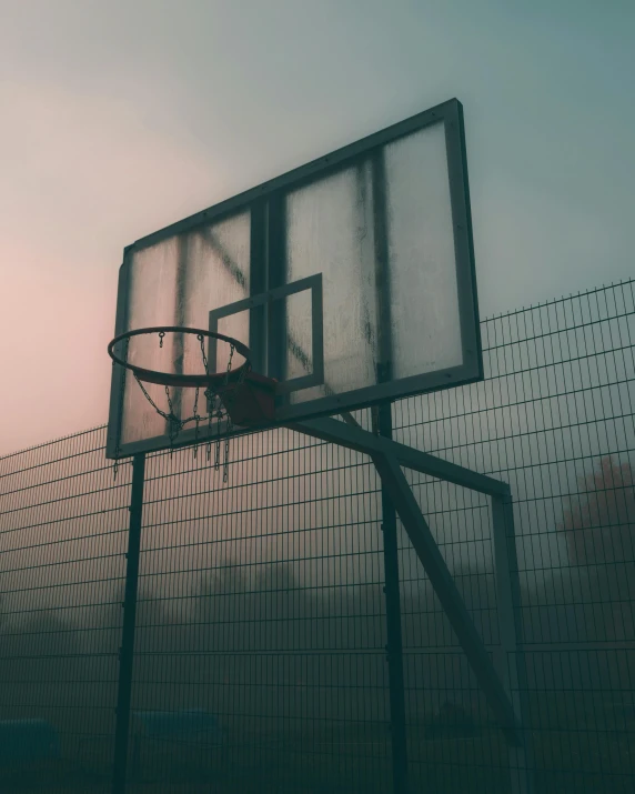 a basketball hoop in the middle of a foggy field, an album cover, pexels contest winner, aestheticism, in the high school gym, fading rainbow light, tumblr aesthetic, playground