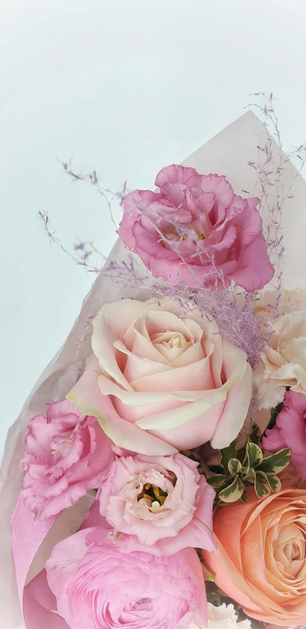 a bouquet of flowers sitting on top of a table, a picture, upclose, faded pink, close up half body shot, (pink colors)