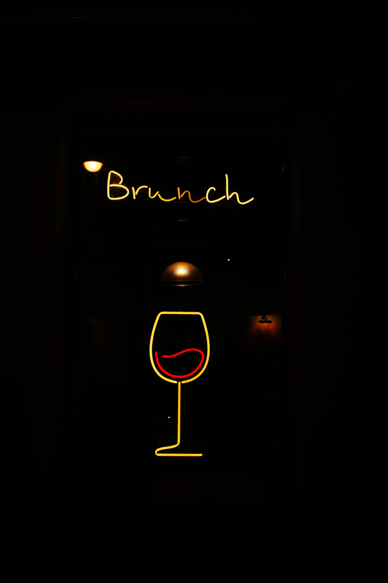 a neon sign that says brunch next to a glass of wine, by Niko Henrichon, -n 8, julia hill, lightbox, davinci