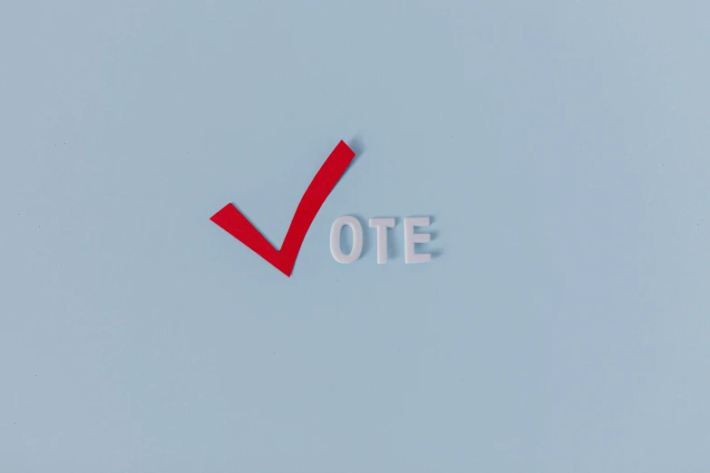 a red tick marks the word vote on a blue background, an album cover, by Carey Morris, shutterstock contest winner, gray, instagram post, support, modeled