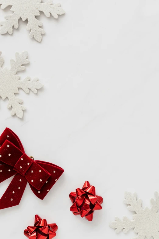 red and white bows and snowflakes on a white background, by Robbie Trevino, trending on unsplash, dark. no text, santa, product introduction photo, multiple stories