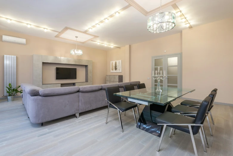 a living room filled with furniture and a flat screen tv, by Alexander Fedosav, light and space, dining room, listing image, surikov, located in hajibektash complex