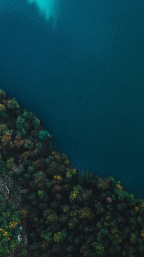 a large body of water surrounded by trees, by Sebastian Spreng, pexels contest winner, black blue green, aerial footage, 15081959 21121991 01012000 4k, muted colours 8 k