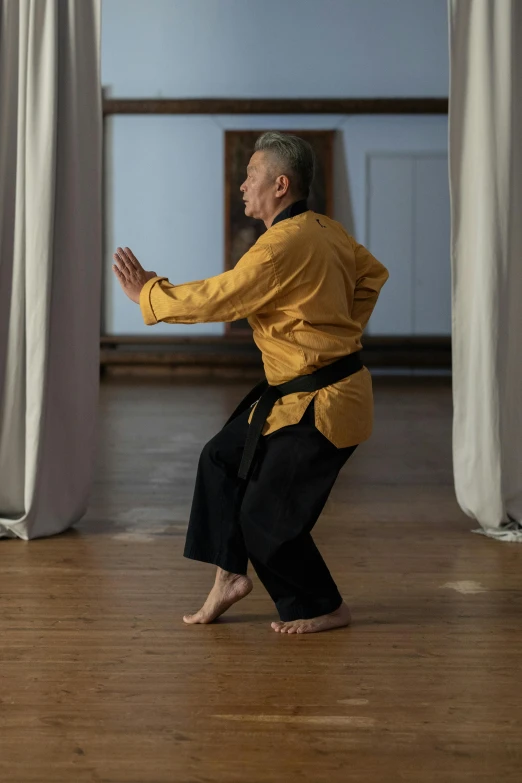 a man in a yellow shirt is practicing karate, inspired by Kanō Tanshin, diana levin, still photograph, square, medium-shot
