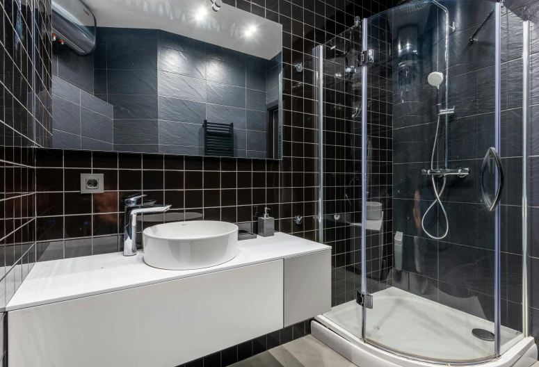 a bathroom with a walk in shower next to a sink, a photo, by Adam Marczyński, shutterstock, black lacquer, square, shot on sony a 7, detiled