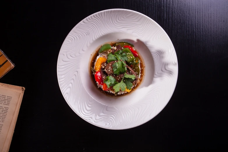 a close up of a plate of food on a table, pepper, listing image, amagaitaro, circular