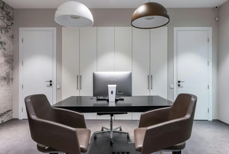 a desk with two chairs and a computer on it, neo kyiv, hr geiger design, stark lighting, patryk hardziej