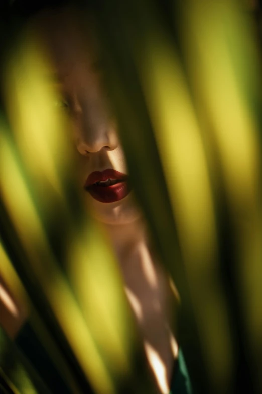a woman standing in front of a bunch of bananas, inspired by Elsa Bleda, featured on cgsociety, beautiful lips, deep in a japanese bamboo forest, female image in shadow, olive green and venetian red