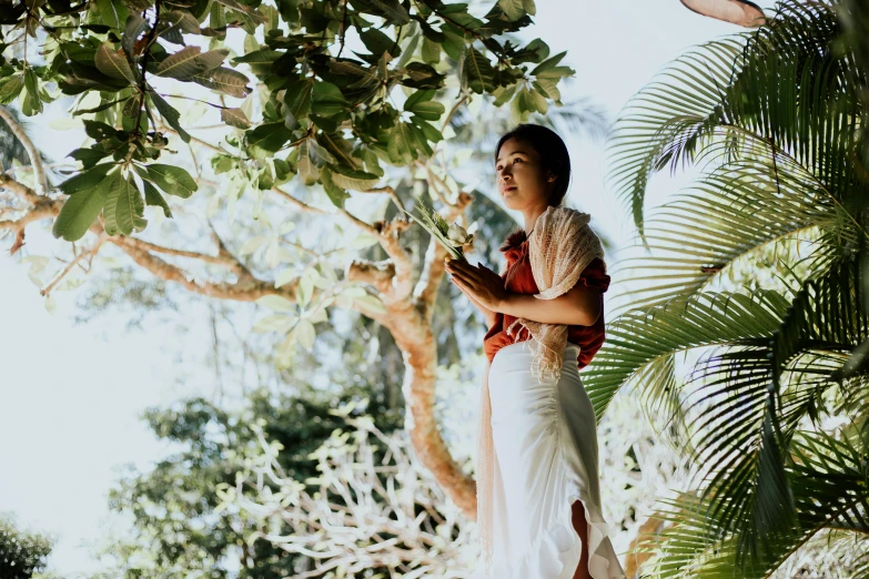 a woman in a white dress standing under a tree, a portrait, inspired by Ruth Jên, unsplash, hurufiyya, sarong, background image, tropical mood, standing on a lotus