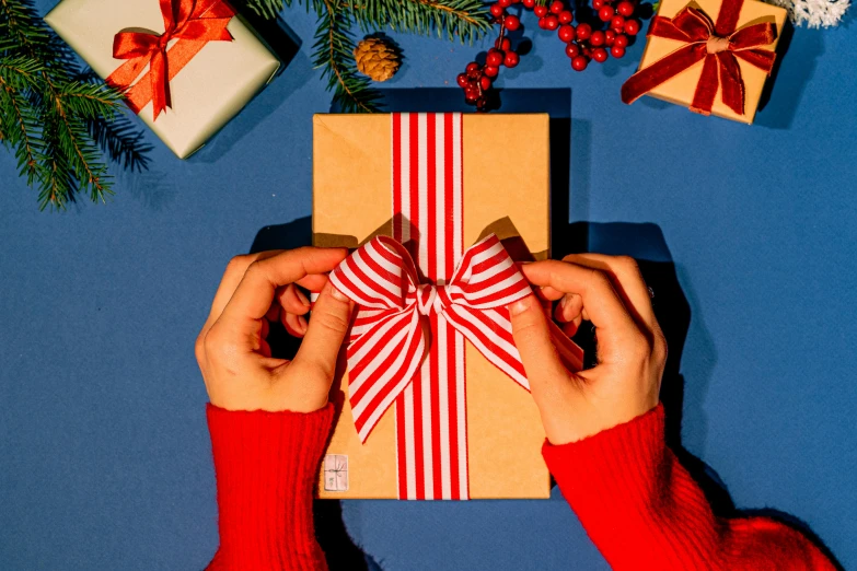 a person holding a wrapped present in front of a christmas tree, by Julia Pishtar, wrapped blue background, flat lay, red ribbon, [ organic