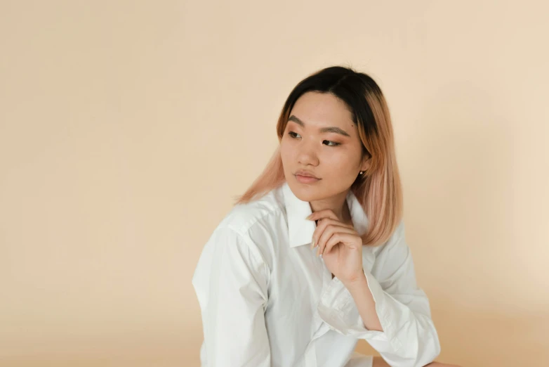 a woman sitting on the floor wearing a white shirt, a character portrait, by Shang Xi, trending on pexels, pastel pink skin tone, ethnicity : japanese, collared shirt, thoughtful )