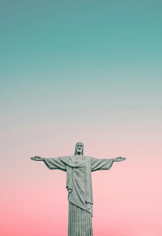 a statue of jesus on top of a hill, a statue, by Matija Jama, pink skies, brazilian, top selection on unsplash, alternate album cover