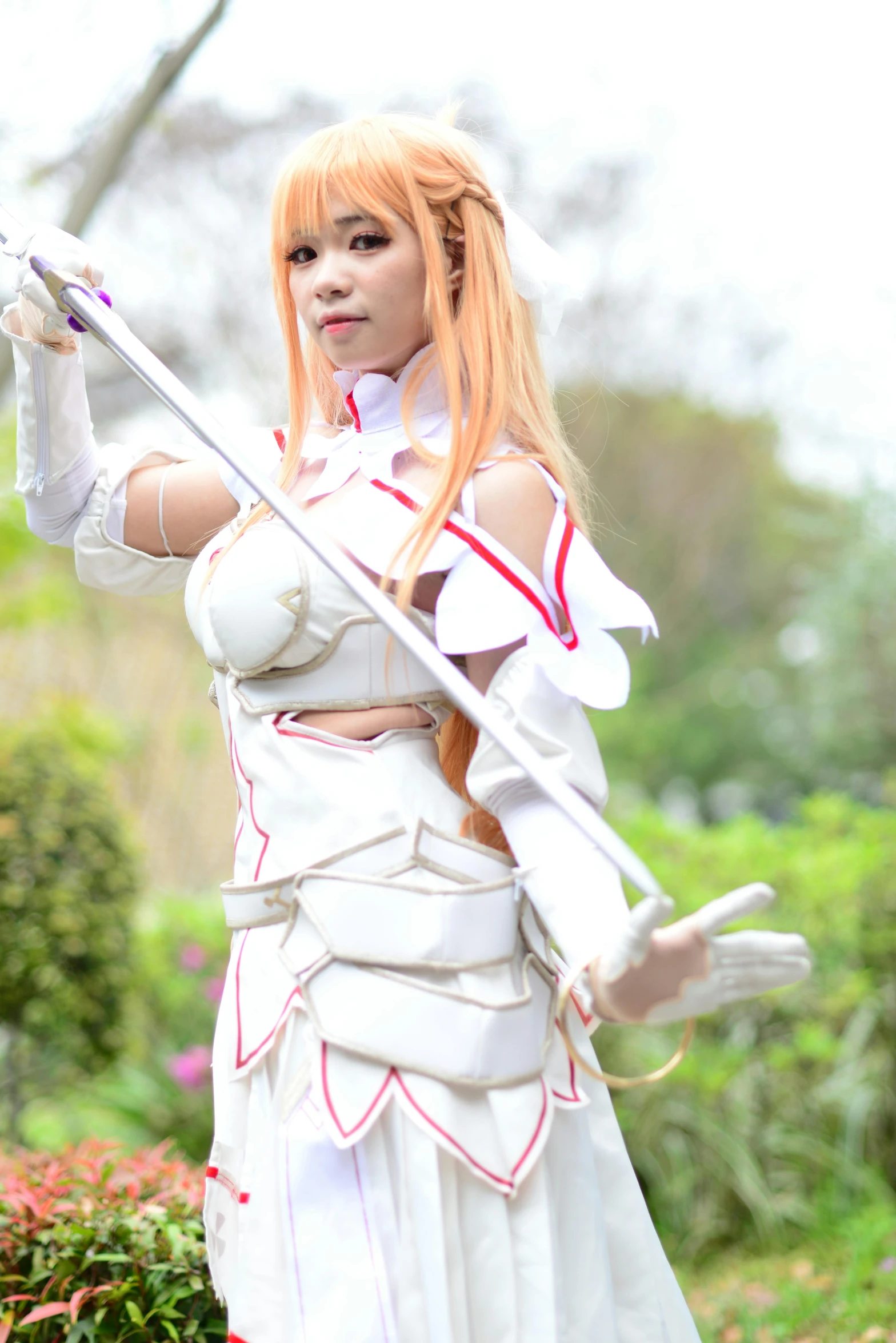 a woman in a white dress holding a sword, a portrait, inspired by Hiromu Arakawa, renaissance, photo of asuna from sao, in goldfish armor, white and pink, hot topic anime convention