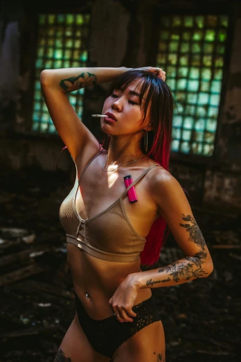a woman in a bikini posing for a picture, a tattoo, inspired by Elsa Bleda, pexels contest winner, graffiti, young asian girl, red ribbon, 2019 trending photo, faded pink