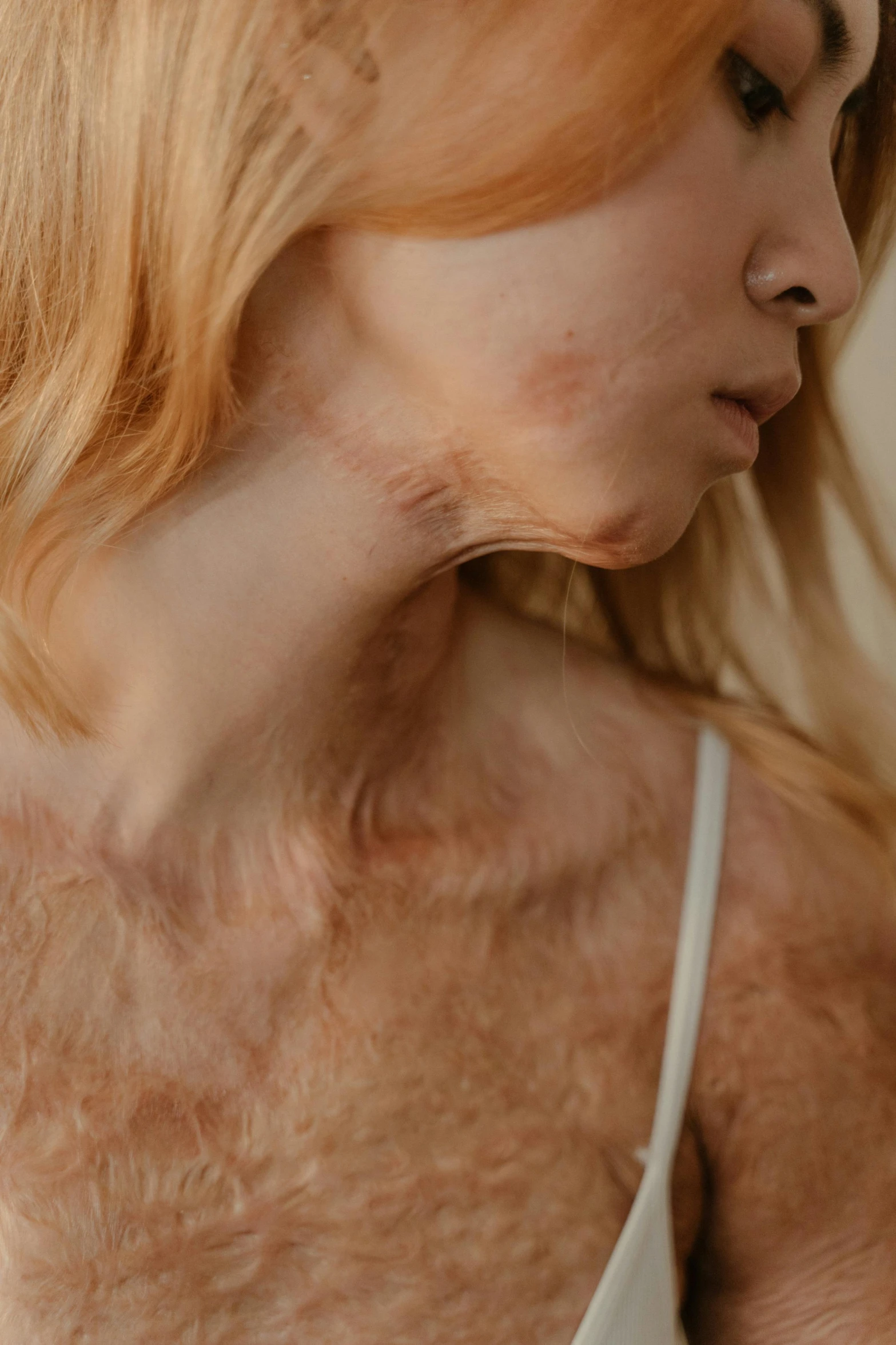 a close up of a person with a cell phone, inspired by Elsa Bleda, antipodeans, neck wrinkles, veins, facial scar, bleached