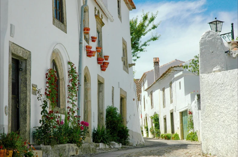 a narrow cobblestone street lined with white buildings, inspired by Almada Negreiros, pexels contest winner, square, countryside, flowers, oscar niemeyer