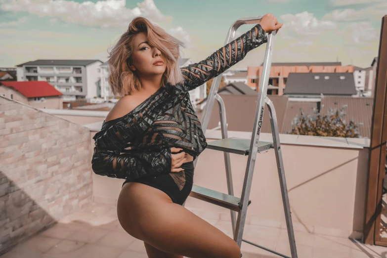 a woman standing on top of a roof next to a ladder, an album cover, trending on pexels, tachisme, sexy outfit, pokimane, perfectly shaded body, thick thighs