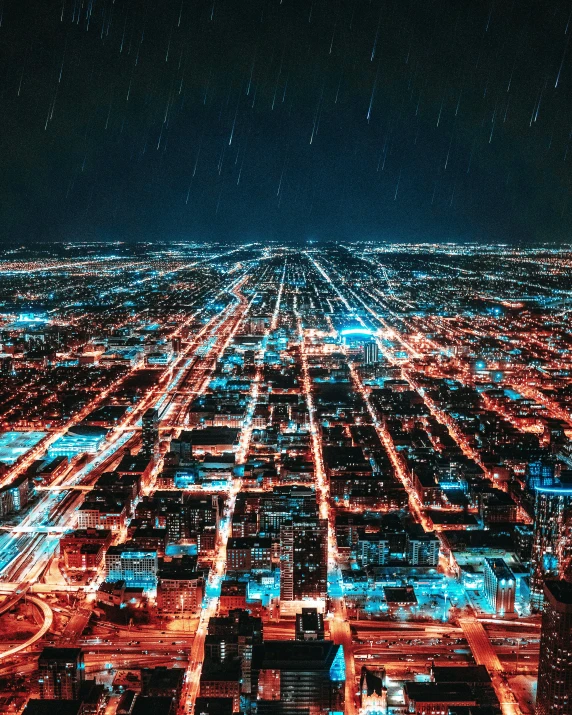 an aerial view of a city at night, an album cover, unsplash contest winner, futurism, ☁🌪🌙👩🏾, teal electricity, los angelos, flashy red lights